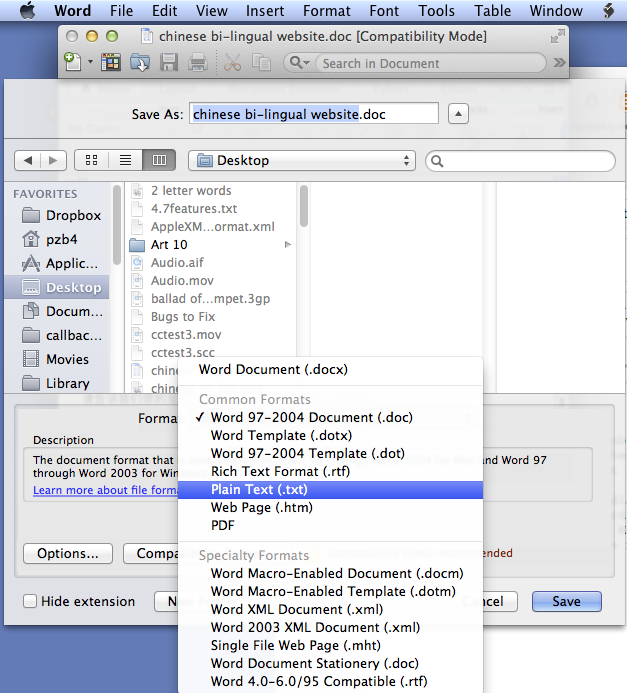 image of chinese text file with Save As dialog box where Plain Text is selected from a pulldown menu