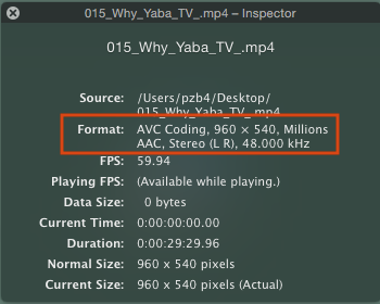 QuickTime Player's Movie Inspector window showing AVC Coding as the video encoder